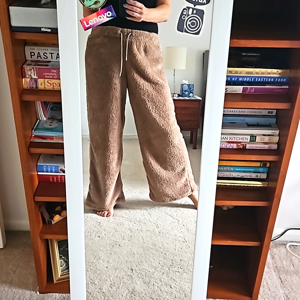 Teddy Bear style material wide leg pants from Shein, size L